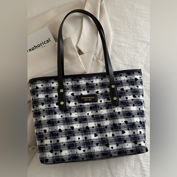 Handbags - I 🖤 You Heart Plaid PU Leather Strap Tote Bag